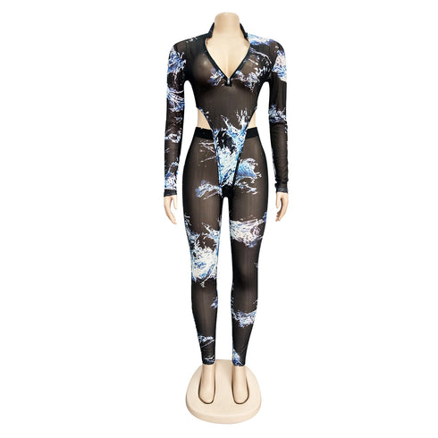 Sexy Mesh Print Women's Two Piece Outfits Sets