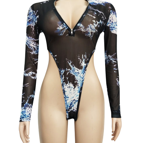 Sexy Mesh Print Women's Two Piece Outfits Sets