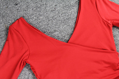 Sexy Slim Women's V-neck Long Sleeved Pleated Dress