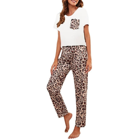 Sexy Women's Leopard Patchwork Pant Pajama Sets