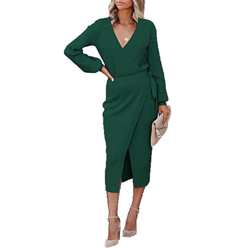 Sexy Women's Long Sleeve Dress V Neck Knit Long Dress