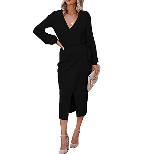 Sexy Women's Long Sleeve Dress V Neck Knit Long Dress
