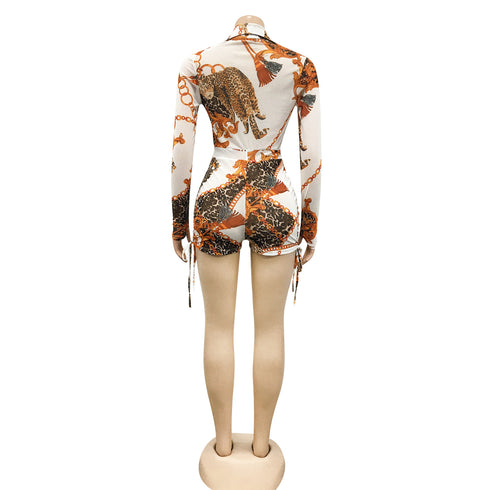 Sexy Women's Long Sleeve Zipper Printed Rompers