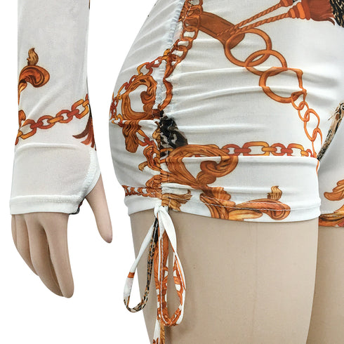 Sexy Women's Long Sleeve Zipper Printed Rompers