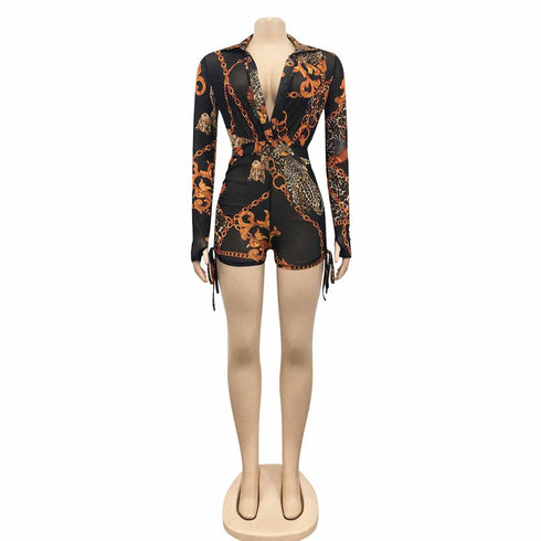Sexy Women's Long Sleeve Zipper Printed Rompers