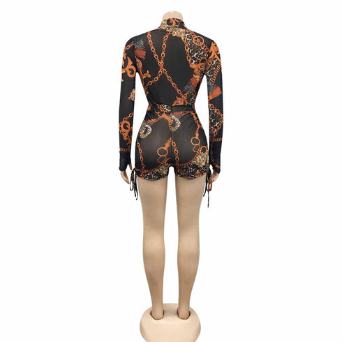 Sexy Women's Long Sleeve Zipper Printed Rompers