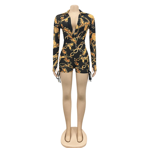 Sexy Women's Long Sleeve Zipper Printed Rompers