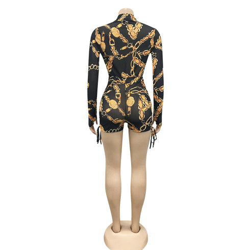 Sexy Women's Long Sleeve Zipper Printed Rompers