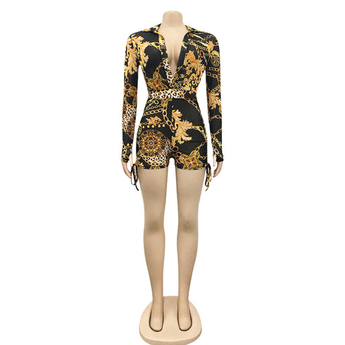 Sexy Women's Long Sleeve Zipper Printed Rompers