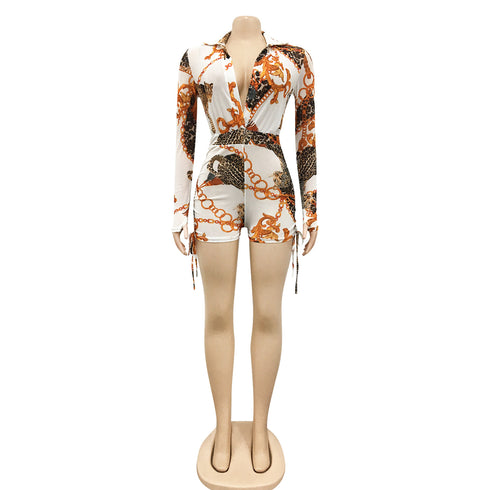 Sexy Women's Long Sleeve Zipper Printed Rompers