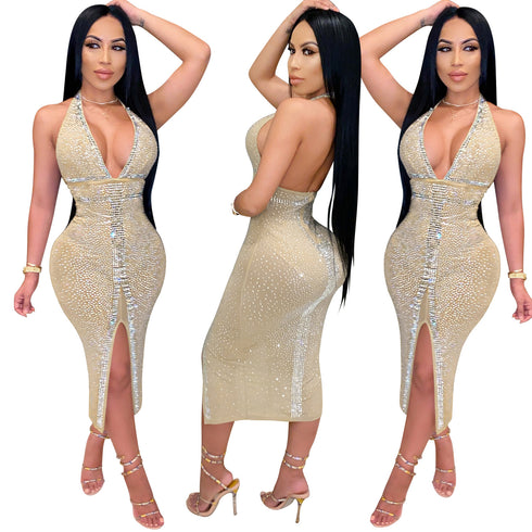 Sexy Women's Sequins Deep V-Neck Nightclub Dresses