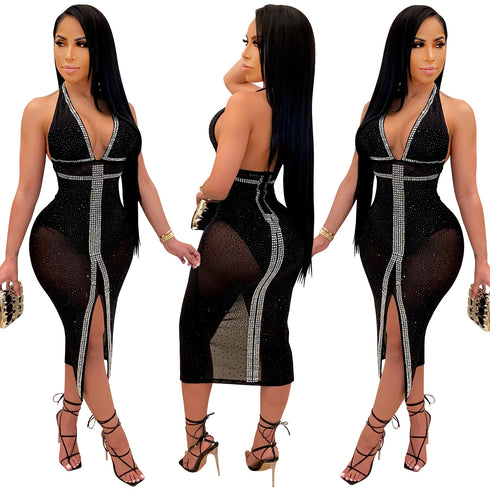 Sexy Women's Sequins Deep V-Neck Nightclub Dresses