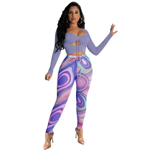 Sexy Women's Slim Fit Two Piece Outfits Top Print Pant