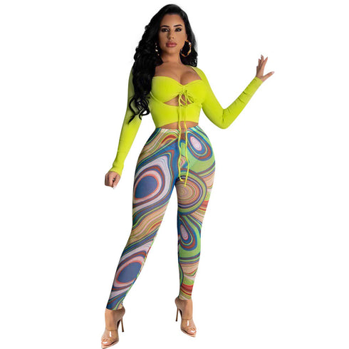 Sexy Women's Slim Fit Two Piece Outfits Top Print Pant
