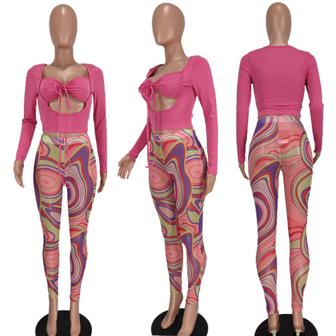 Sexy Women's Slim Fit Two Piece Outfits Top Print Pant