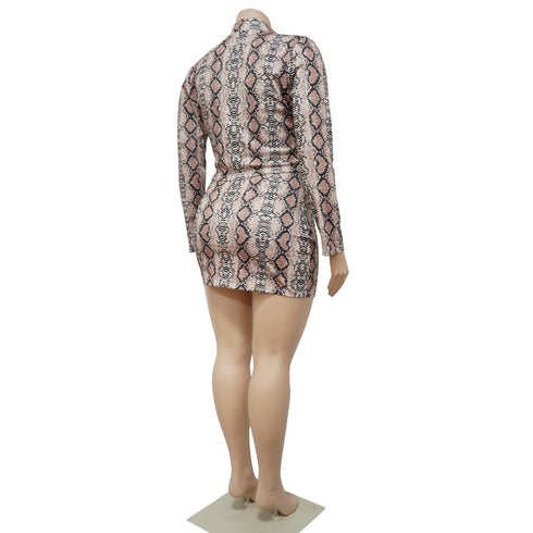 Sexy Women's Zipper Jacket Snakeprint Dress Two Piece Outfits