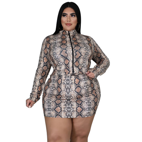 Sexy Women's Zipper Jacket Snakeprint Dress Two Piece Outfits