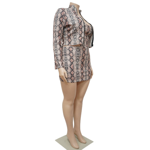 Sexy Women's Zipper Jacket Snakeprint Dress Two Piece Outfits