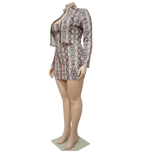 Sexy Women's Zipper Jacket Snakeprint Dress Two Piece Outfits