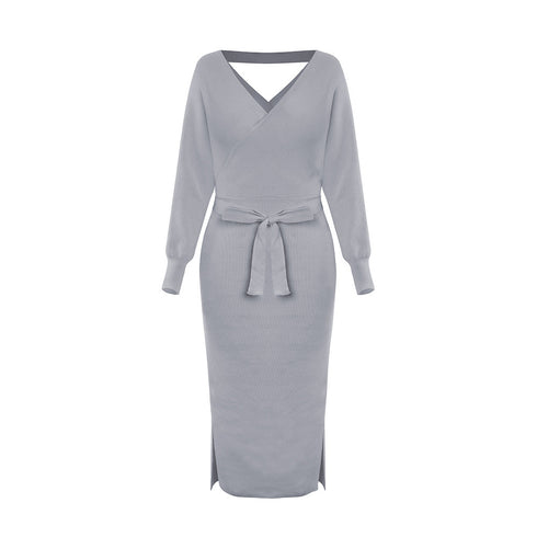 Simple Women's V Neck Long Sleeves Knitted Dress