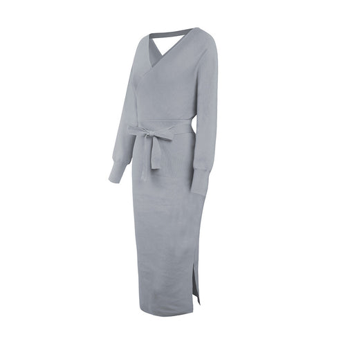 Simple Women's V Neck Long Sleeves Knitted Dress