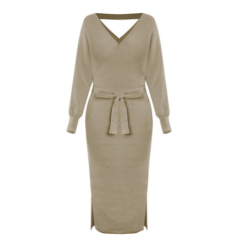 Simple Women's V Neck Long Sleeves Knitted Dress