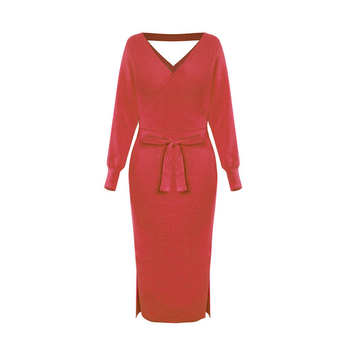 Simple Women's V Neck Long Sleeves Knitted Dress