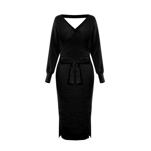 Simple Women's V Neck Long Sleeves Knitted Dress