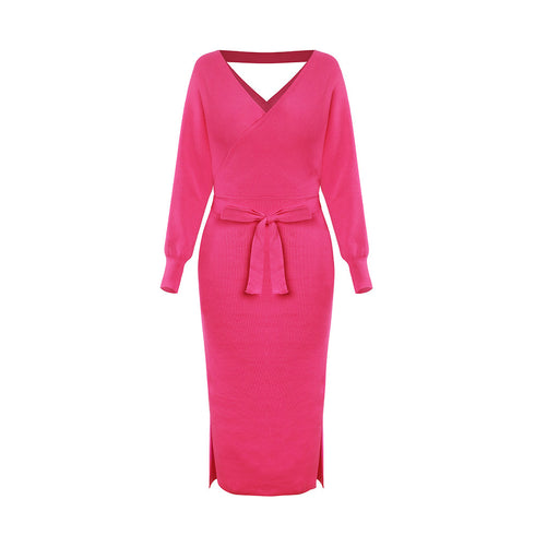 Simple Women's V Neck Long Sleeves Knitted Dress