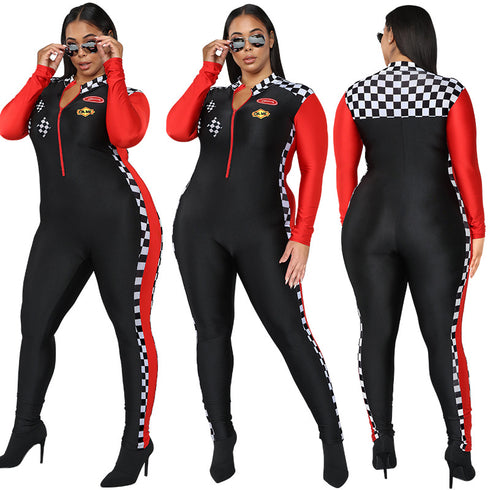 Slim Fit Women's Plus Size Zipper Clash Jumpsuits