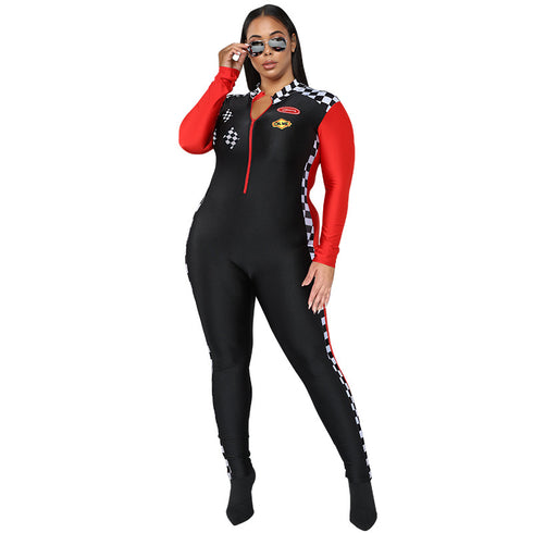 Slim Fit Women's Plus Size Zipper Clash Jumpsuits