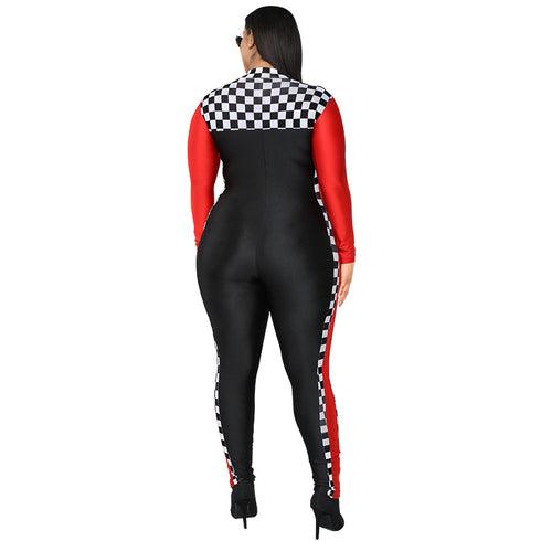Slim Fit Women's Plus Size Zipper Clash Jumpsuits