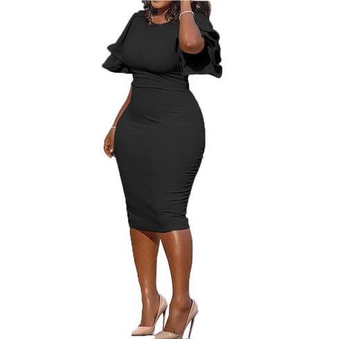 Slim Women's Elegant Pure Color Ruffle Sleeve Dresses