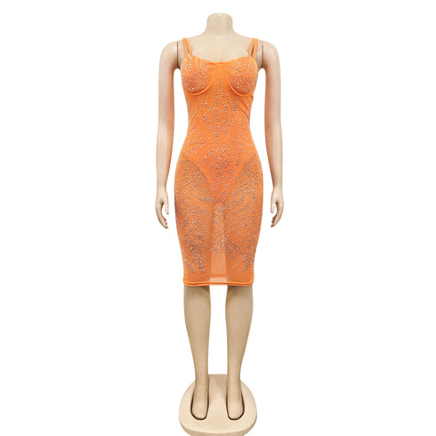 Spaghetti Strap Fluoroscopy Gauze Women's Bodycon Dresses
