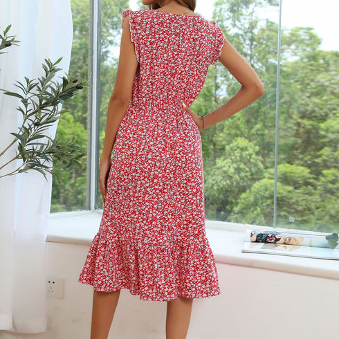 Stylish Cute Round Collar Women's Sleeveless Floral Dress