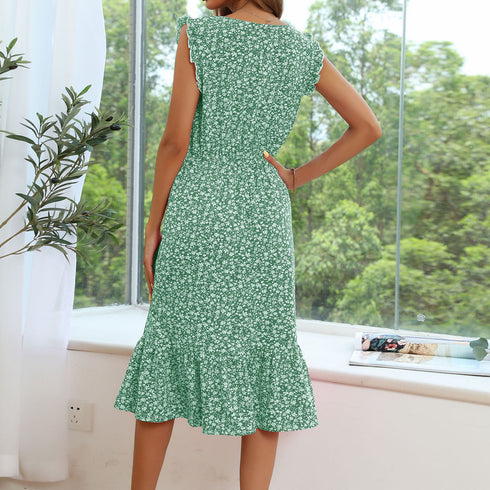 Stylish Cute Round Collar Women's Sleeveless Floral Dress