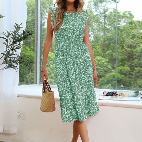 Stylish Cute Round Collar Women's Sleeveless Floral Dress