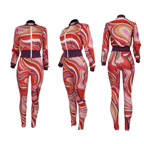 Stylish Elegant Print Women's Zip Up Two Piece Outfits