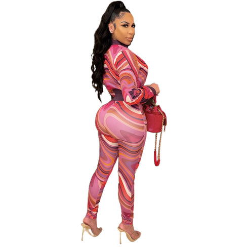 Stylish Elegant Print Women's Zip Up Two Piece Outfits