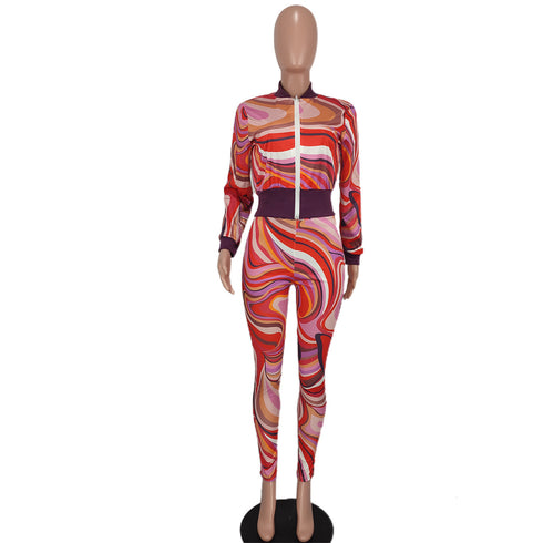 Stylish Elegant Print Women's Zip Up Two Piece Outfits