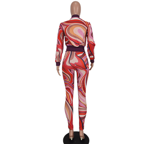 Stylish Elegant Print Women's Zip Up Two Piece Outfits