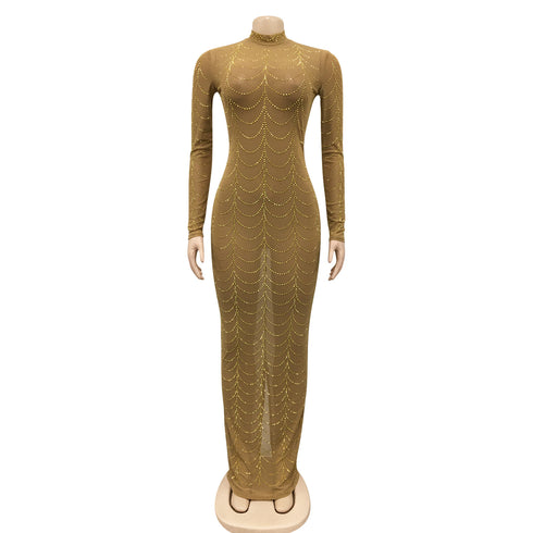 Stylish Fluoroscopy Gauze Women's Long Sleeve Maxi Dresses