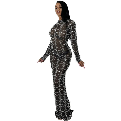 Stylish Fluoroscopy Gauze Women's Long Sleeve Maxi Dresses