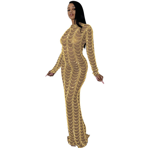 Stylish Fluoroscopy Gauze Women's Long Sleeve Maxi Dresses
