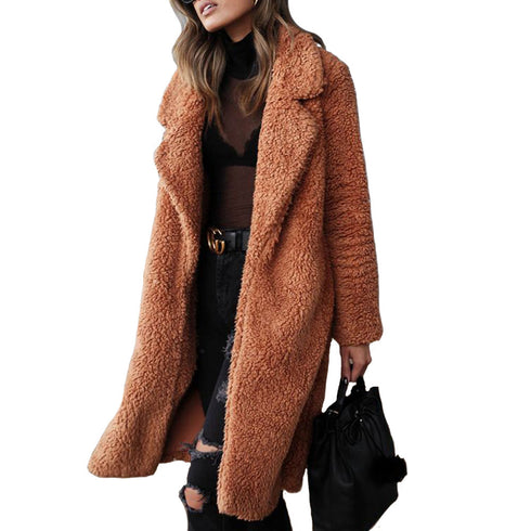 Stylish Lapel Open Front Long Plush Outwear for Women