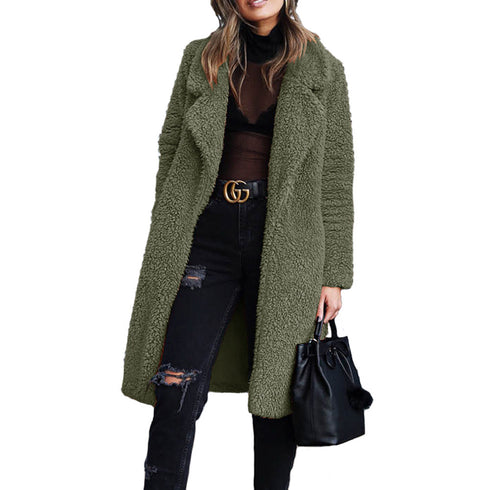 Stylish Lapel Open Front Long Plush Outwear for Women