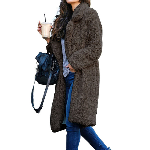 Stylish Lapel Open Front Long Plush Outwear for Women