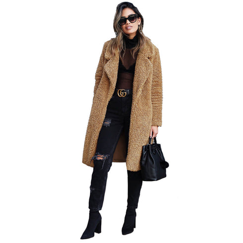 Stylish Lapel Open Front Long Plush Outwear for Women