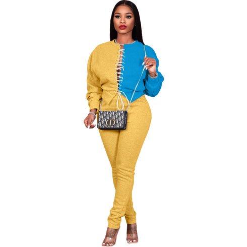 Stylish Patchwork Women's Lace-up Two Piece Outfit