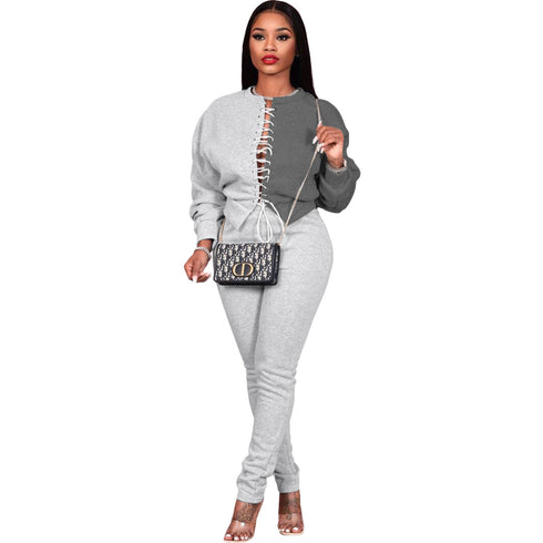 Stylish Patchwork Women's Lace-up Two Piece Outfit
